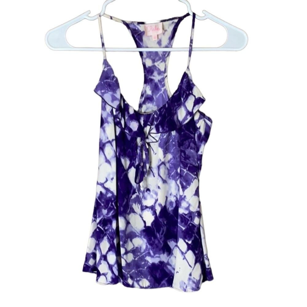 Parker Silk Racerback Flounce Trim Tank Top Purple Tie Dye Size XS